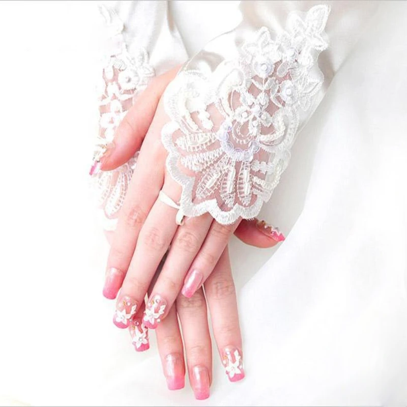 Женские свадебные длинные перчатки без пальцев Вышивка Кружева отделка бисером блестки Свадебный шнур