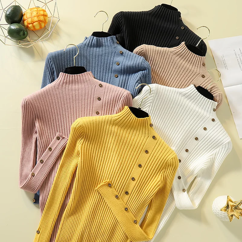 

High Elasticity Solid Knitted Pullover Women Slim Soft Jumper Sweater Spring Autumn Fashion Button Turtleneck Sweater Wild Tops