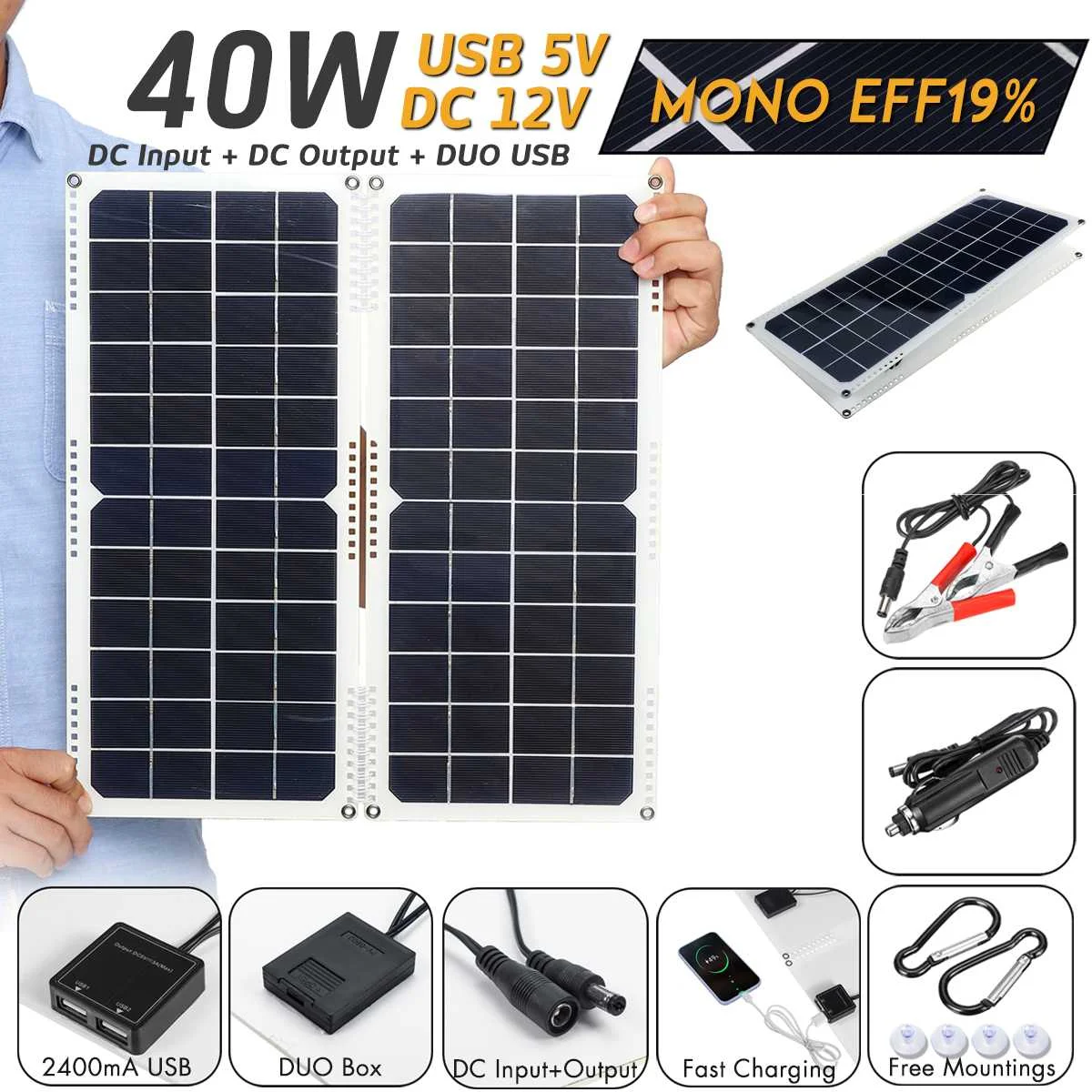 

LEORY Portable Solar Cells 40W 14V Dual Output Solar Panel with Car Charger 10/20/30A USB Solar Charger