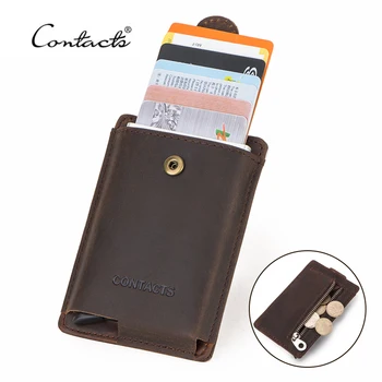 

CONTACT'S Men Business Card Holder Crazy Horse Leather ID Card Wallet Small Coin Purse RFID Aluminum Box Credit Card Case Walets