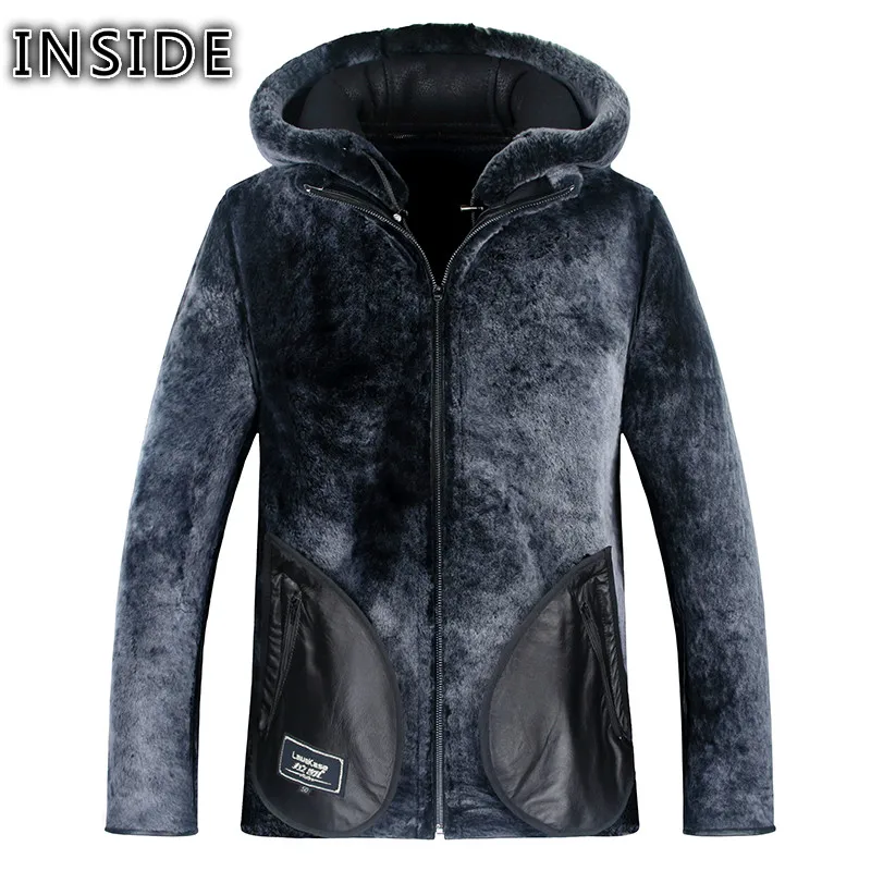 High Quality Men Genuine Leather Coat Sheepskin Mens Hooded Shearling Jacket Leather Winter Jackets Plus Size M-5XL