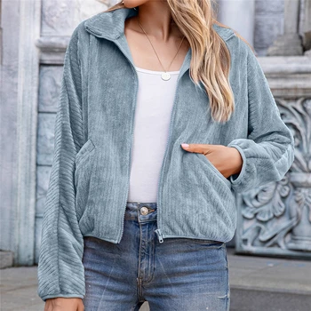 

2020 Fashion Trend Women Stand Collar Thick Jacket Zipper Access Pockets Simple Style Solid Color Autumn Outwear Casual Tops