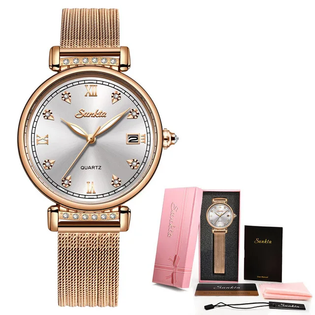 SUNKTA, женские часы из розового золота, кварцевые часы, Топ для женщин, роскошный бренд, женские часы, женские часы, Relogio Feminino+ коробка - Цвет: rose gold