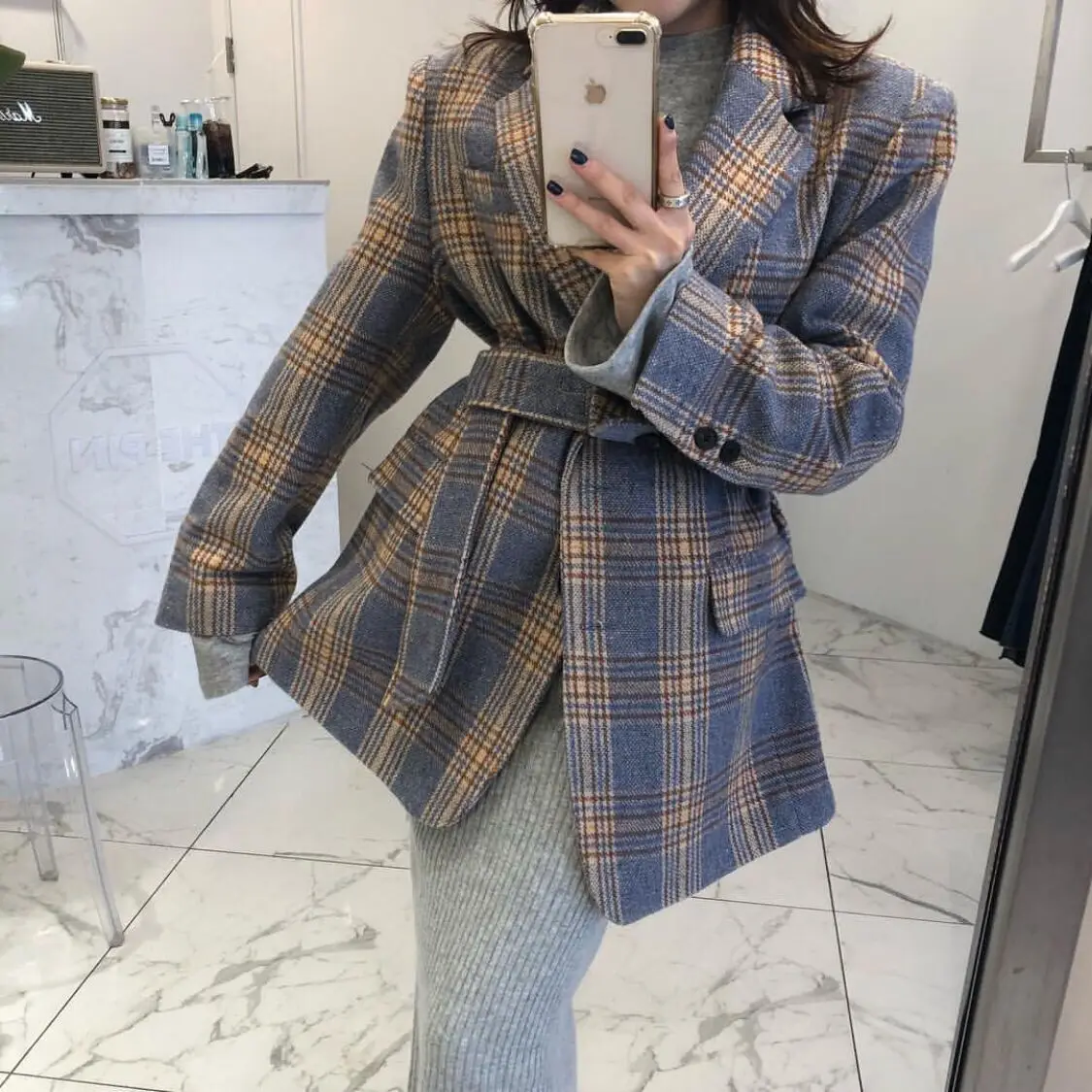 

2019 Winter New Style Korean-style Fold-down Collar Elegant Bandage Cloth Pattern Woolen Cloth Medium-length Long-sleeved Coat