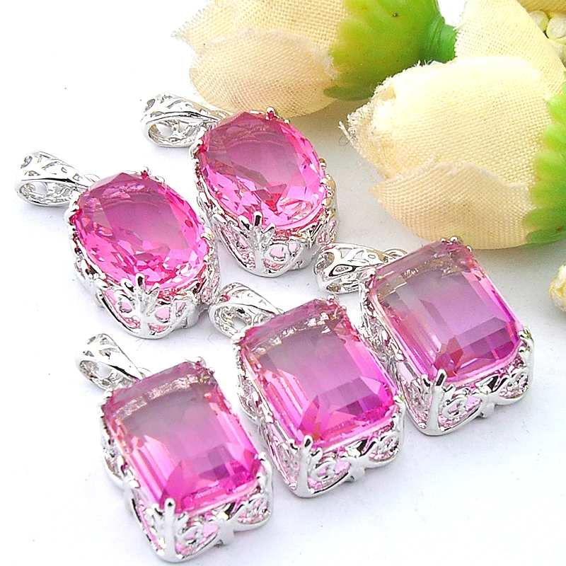 MIX 5 PCS Xmas Gifts Big Offer Oval Square Bi Colored Pink Tourmaline Gemstone Necklaces Pendants