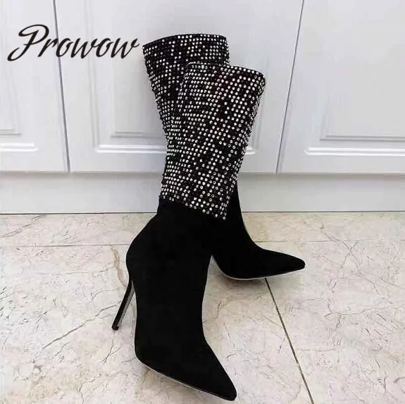 

Prowow Branded Suede Leather Crystal Beading Women Autumn Winter Boots Slip On HIgh Heel Cool Boots Shoes Women