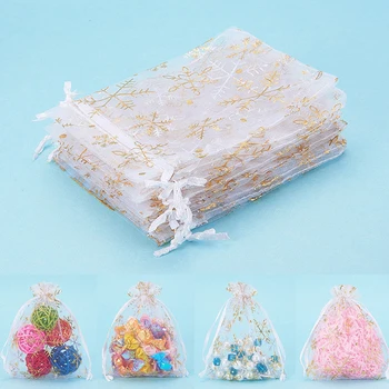 

Candy Gift Packaging Bag 100pcs Golden Snowflake Printing Organza Transparent Packaging Bag