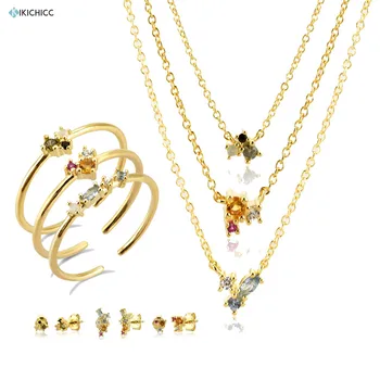 

Kikichicc 925 Sterling Silver Rainbow Colorful Styd Earring Piercing Resizable Rings Crystal Zircon Necklace Choker Jewelrt Set