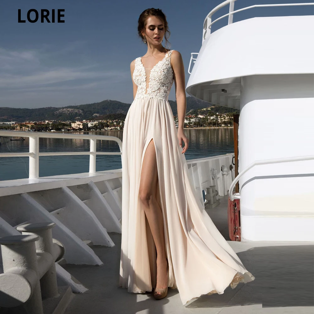 

LORIE Beach Wedding Dresses Appliques Lace Boho Bridal Gowns Long Simple V-neck Princess Wedding Party Dresses Plus Size 2020