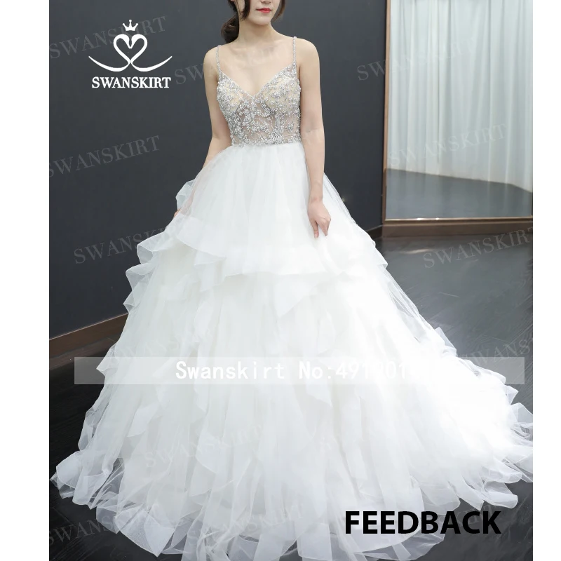 Роскошное вышитое бисером свадебное платье с жемчугом Swanskirt K313 Ruched Tulle A-Line Иллюзия Принцесса суд Поезд свадебное платье Vestido de novia