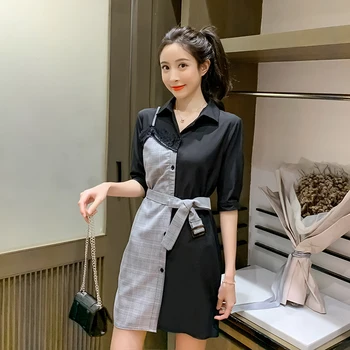 

Maxi Dresses for Women 2020 Summer New Stitching Dress Female Shirt Shorts Sleeve Elegant Turn Down Collar Casual Dress 593A