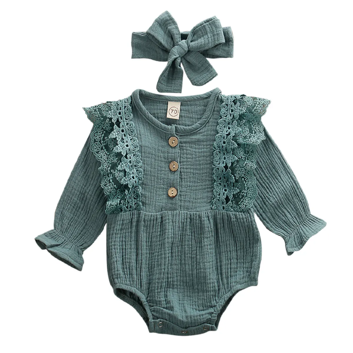 Боди для новорожденных и маленьких девочек 0-24 месяцев, однотонные комбинезоны одежда с оборками и длинными рукавами+ повязка на голову - Цвет: Dark Green