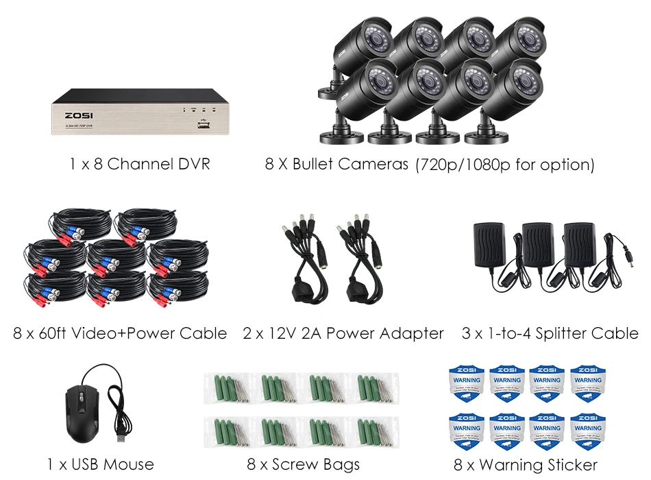 ZOSI 8CH CCTV система HD-TVI DVR комплект 8 шт 720 p/1080 p Домашняя безопасность Водонепроницаемая наружная камера ночного видения комплект видеонаблюдения