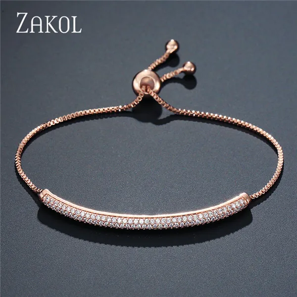 Long Rose Gold ZAKOL Блестящий Pave циркония CZ розовое золото цвет цепи регулируемые браслеты для женщин модные ювелирные изделия FSBP2031 - Окраска металла: Long Rose Gold