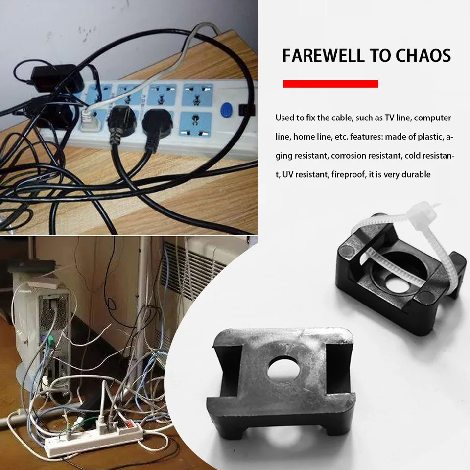 8 Fascette Adesive Per Cavi - Kit Gestione Cavi Per TV, PC, Ufficio Con 4 Scomparti E 4 Clip Lunghe, Colore Nero