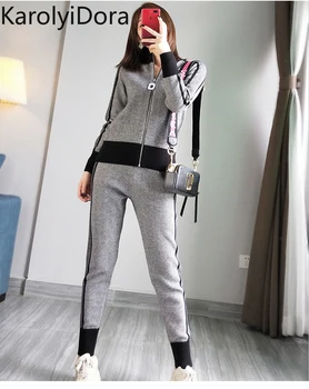

Women's suit 2020 High Quality New tracksuit Geometric stripeTurtleneck Zipper Knitted Cardigans+Women Two piece Pants Sets