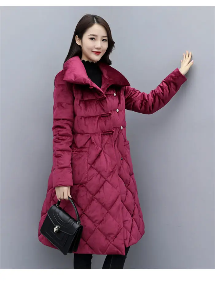 Gold Velvet Cotton Padded Coats Women Winter New Vintage Jacket Slim Long Elegant A-line Warm Down Cotton Parka Mujer f2211
