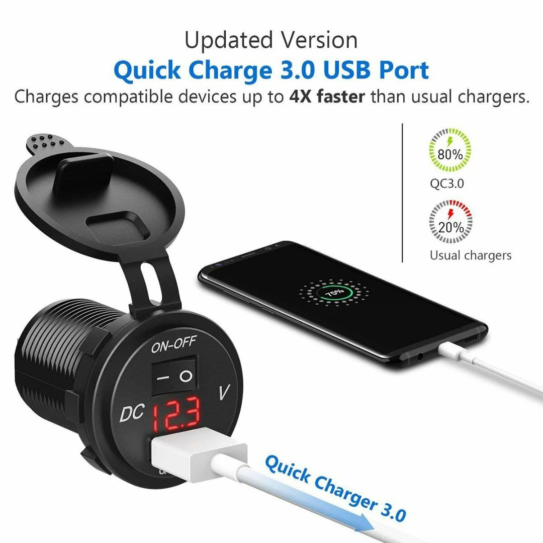 QC 3,0 USB зарядное устройство для мотоцикла, лодки, автомобиля, адаптер, светодиодный вольтметр с переключателем, зарядное устройство, адаптер для мотоцикла, грузовика