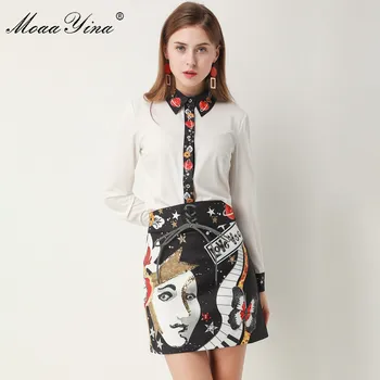 

MoaaYina Fashion Designer Set Spring Summer Women Long sleeve Beading Sequin Shirt Tops+Print Short skirt Two-piece suit
