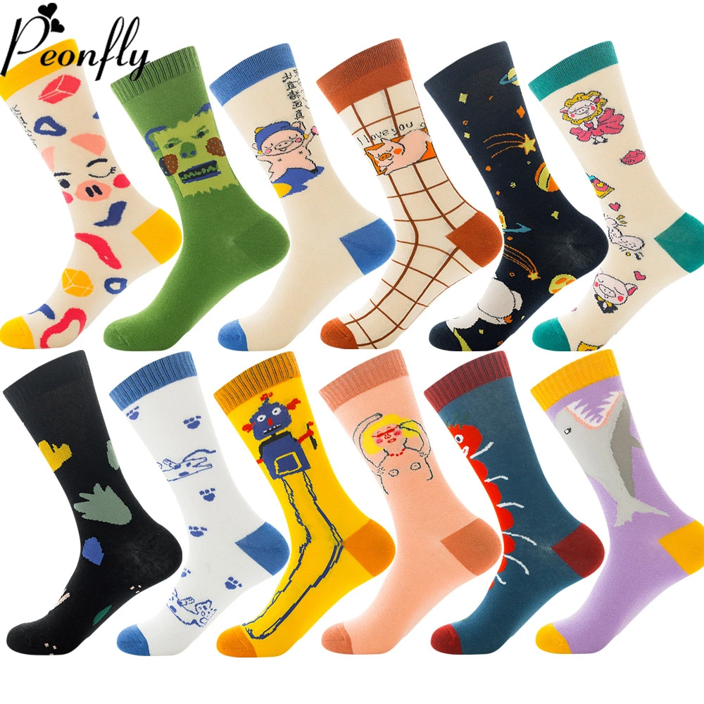 PEONFLY носки женские Харадзюку из чесаного хлопка милые счастливые Мультяшные поросенок Акула плед узор забавная Новинка Kawaii унисекс носки