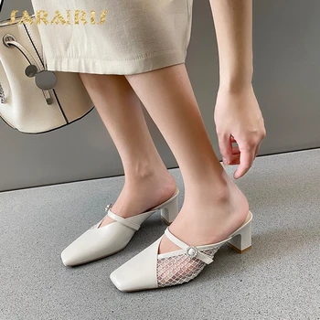 

Sarairis 2020 New Design Hot Genuine Cow Leather Square Heels Summer Shoes Woman Pumps Mules Slip-On Crystal Pumps Mules