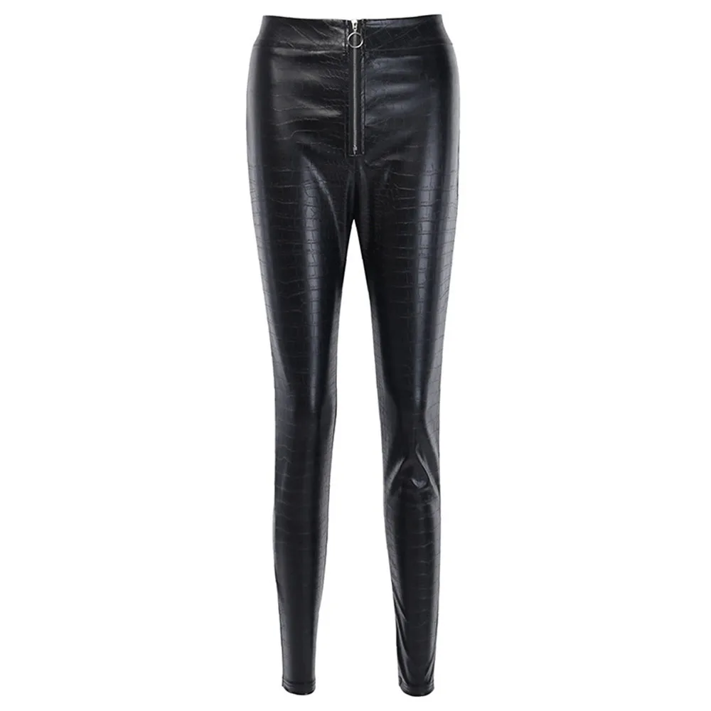 

Gothic Black Casual Pants Women PU Crocodile Pattern Zipper Slim High Quality Cropped Sexy Street Young Girl Legging Fashion