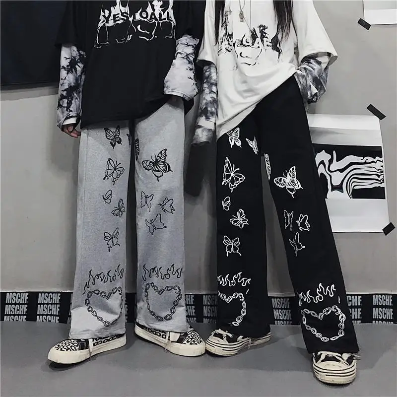 Leg-Pants Print-Trousers Harajuku HOUZHOU Vintage Korean-Style Winter Casual Fashion