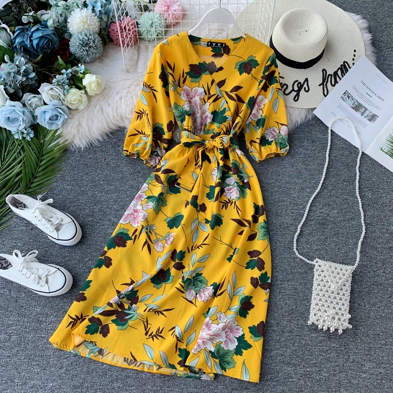 Autumn Women Long Floral Dresses Fashion Korean Women Flower Dress Lady A-line Party Dress