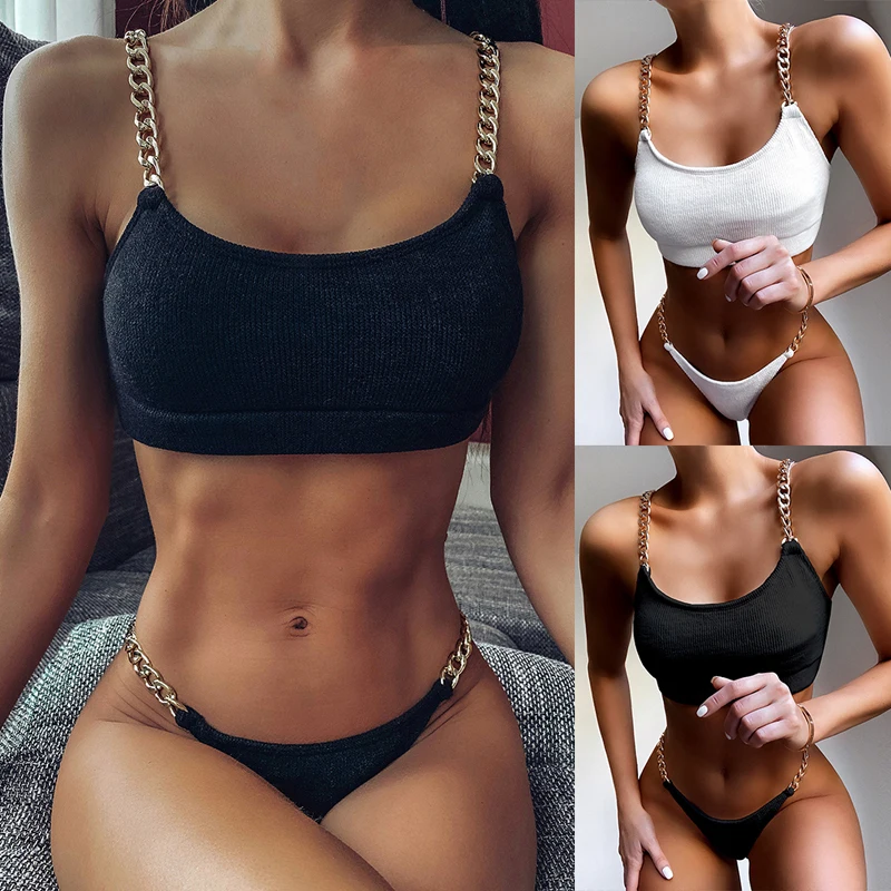 

New Sexy Women Solid Bikini Set Swimwear New Lady Two-piece Swimsuit Chain Swimsuit Split Bikini Casual Swimsuit Wild Swimsuit