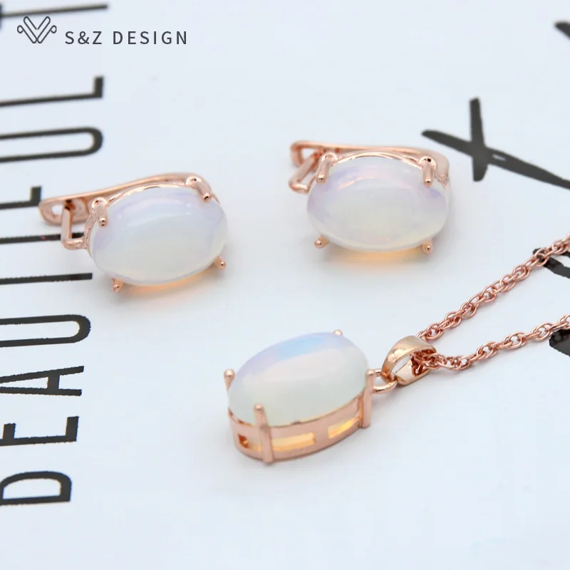 S&Z DESIGN New Fashion Oval Egg Shape Natural Stone Stud Earrings 585 Rose Gold Color Pendant Necklace Jewelry Sets For Women
