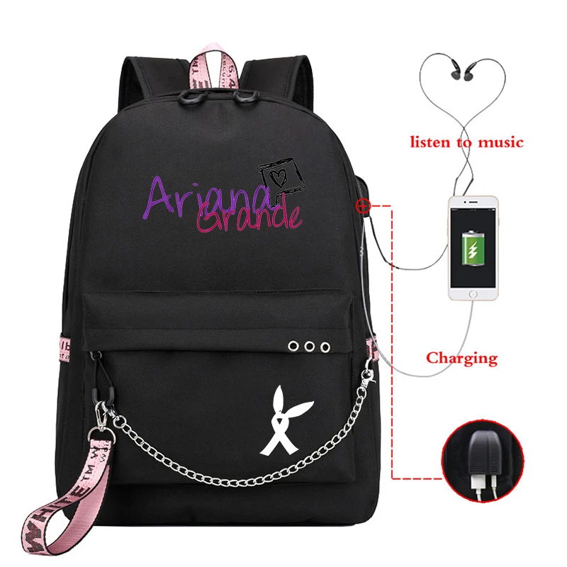 Mochila Ariana Grande, маленький рюкзак для женщин, Usb зарядка, рюкзак для ноутбука, корейский рюкзак для путешествий, школьные рюкзаки для девочек-подростков