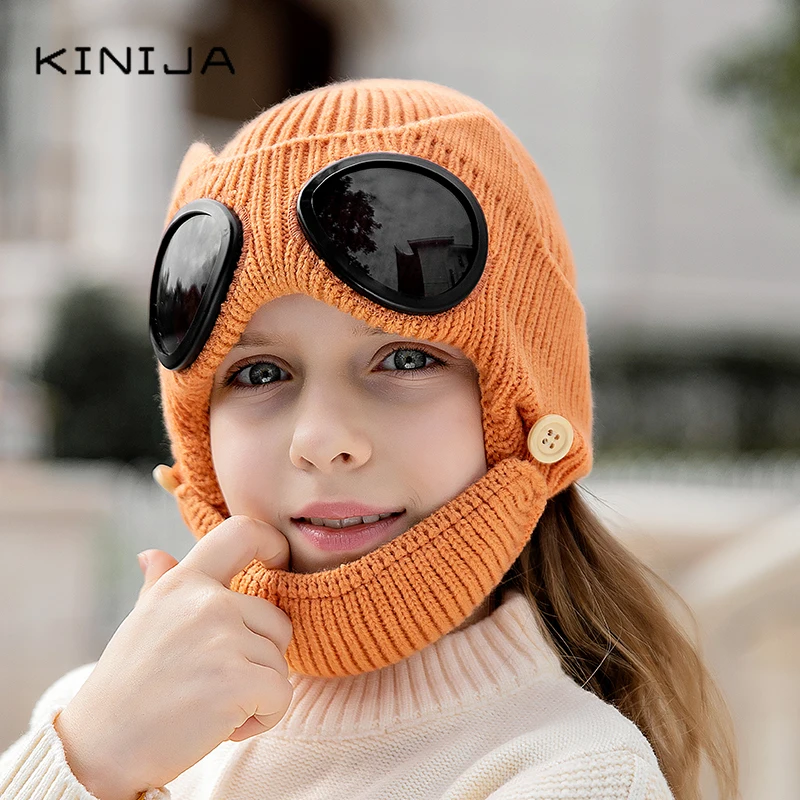 mens skully hat Russian Winter Skullies Beanies Hats child Hat Scarf Suit Wool Knitted Warm Thicken Bonnet Beanie Outdoor Riding ski Sets beanie cap