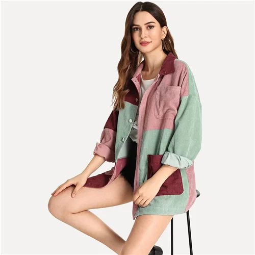 Multicolor SHEIN повседневное многоцветное пальто с карманами спереди, вельветовое однобортное пальто, Осеннее Современное женское пальто, верхняя одежда - Цвет: Multicolor