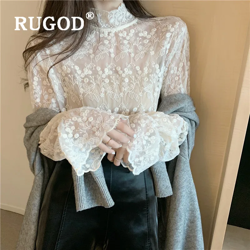 Женская кружевная блузка RUGOD Элегантная цвета хаки с длинным рукавом и