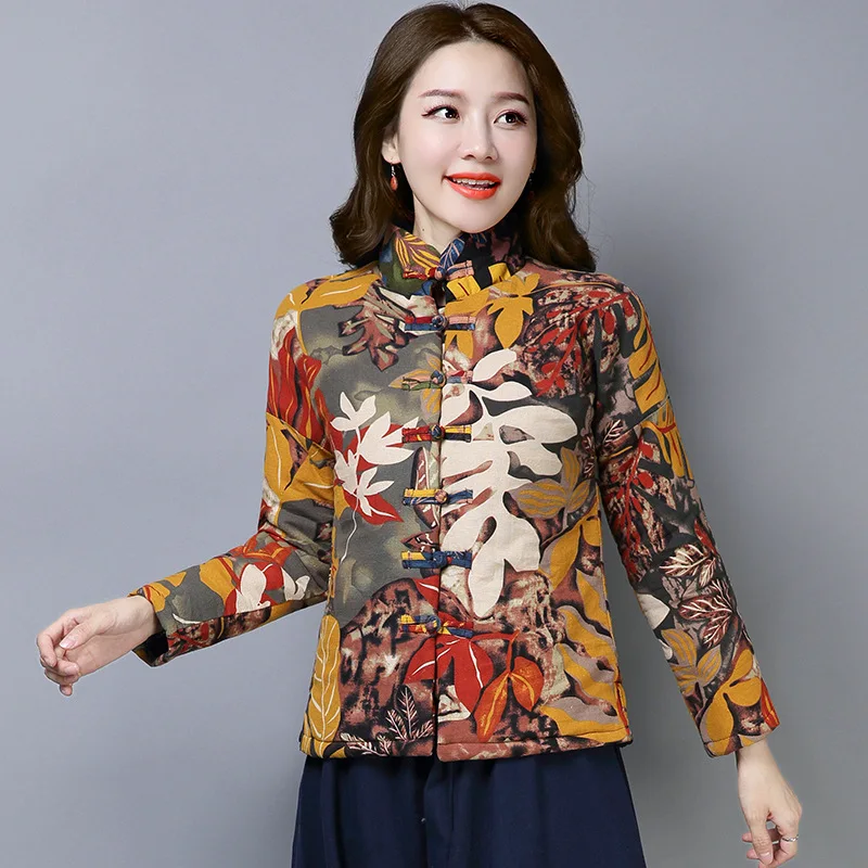 

2019 Winter New Style Ethnic-Style Large Size Dress Short Cotton Linen Printed Cotton-padded Clothes Retro Casual Frog Coat