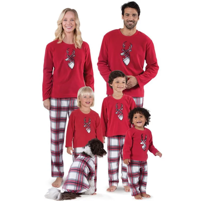 Рождественские пижамы для всей семьи, комплект одежды с принтом лося, одежда для сна для мамы, папы, дочери и сына футболка с длинными рукавами+ клетчатые штаны, комплект одежды