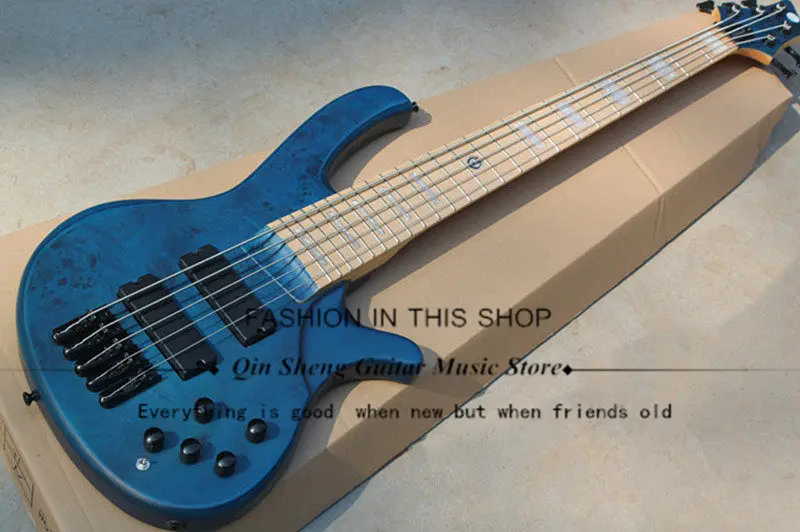 

free shipping 5 strings blue burl maple veneer electric bass guitar with ASH body,maple fretboard shell inlay,black hardware