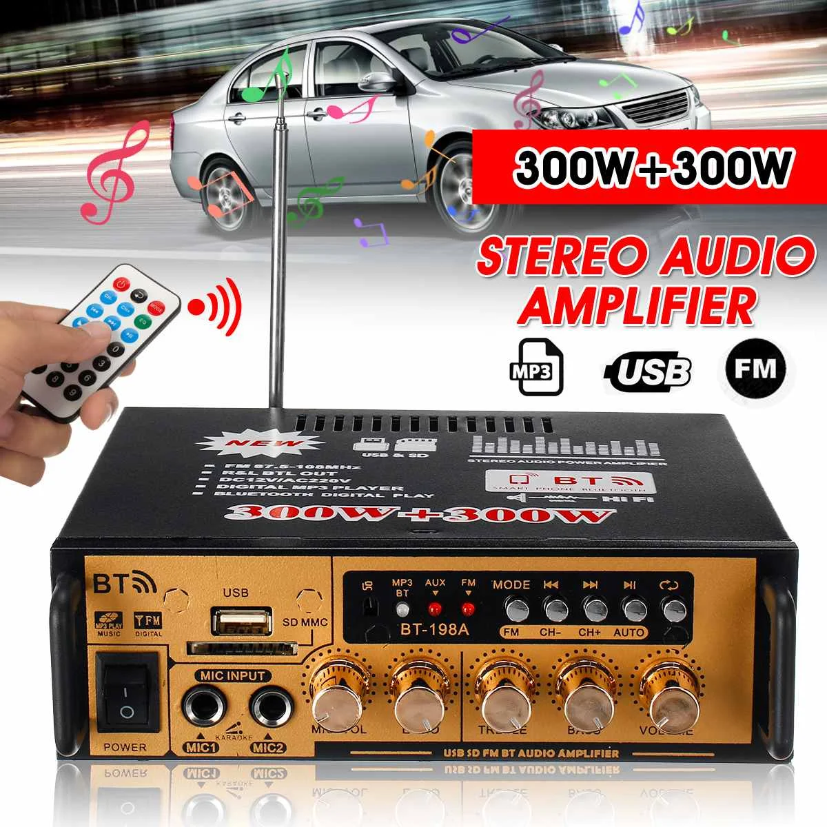 2-канальный Hi-Fi усилитель мощности CLAITE 300 Вт + стереоусилитель bluetooth FM USB SD домашний