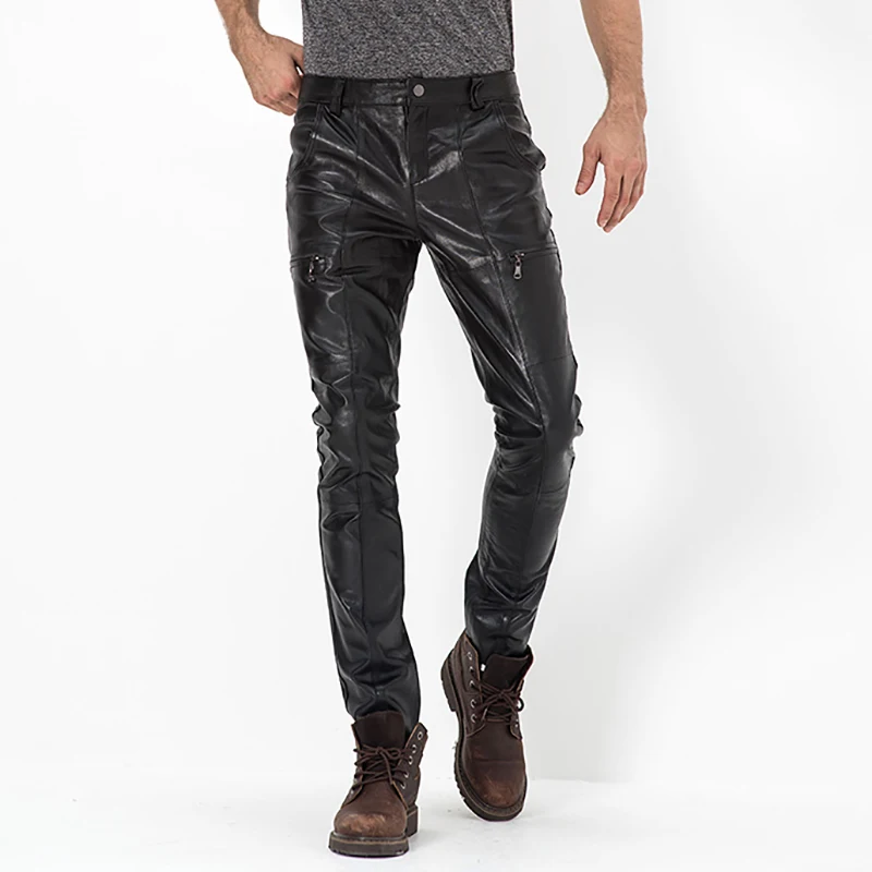 Men's Genuine Sheepskin Leather Pants Motorcycle Riding Trousers