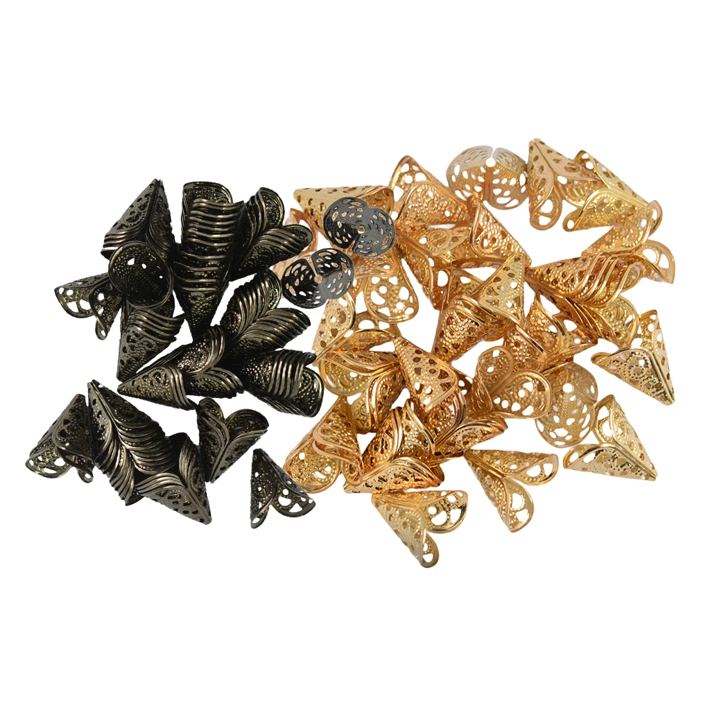 100 Pieces 16mm Filigree Cone Flower Cap For Beads Tassel DIY Craft Gold and Black