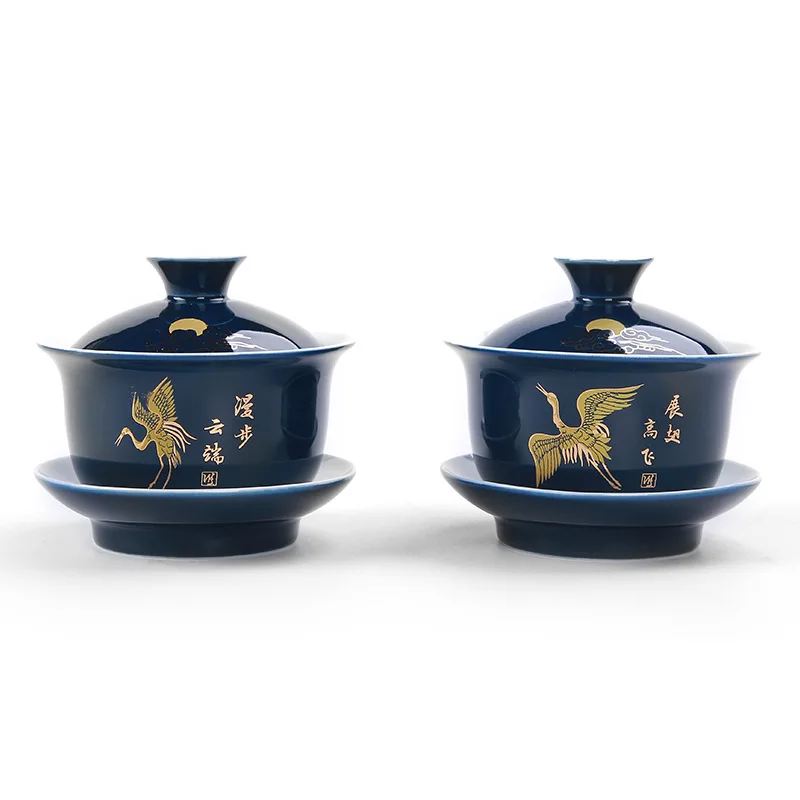 Благородный синий контур в золотой чай Tureen чашка Крышка Чаша чайный набор gaiwan