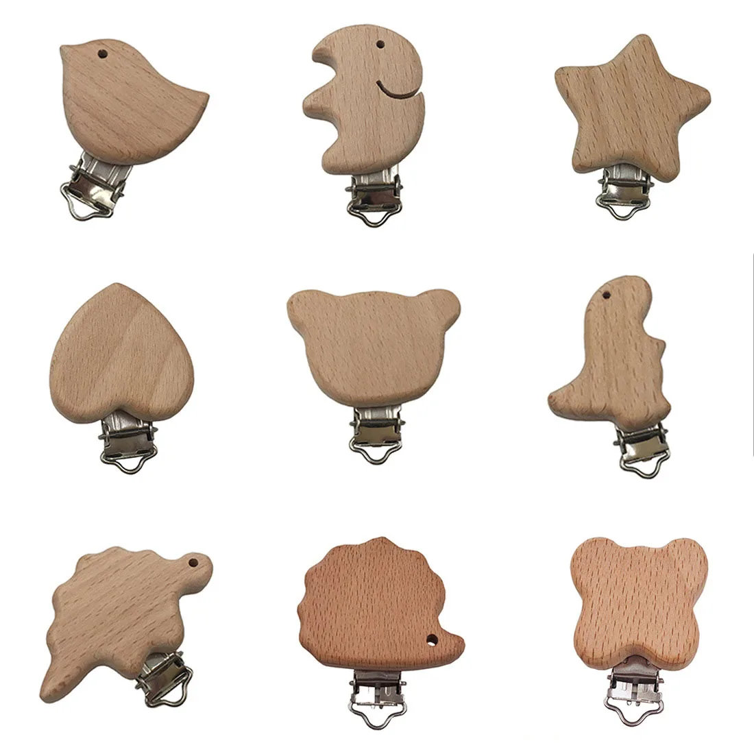 

10pcs Wooden Nipple Chain Clip 20 Styles Baby Molars Toys Cartoon Gutta Percha Beech Nipple Chain Clip DIY Necklace Accessories