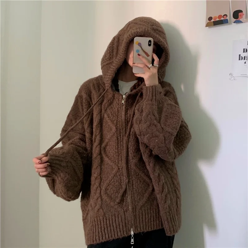 KOSAHIKI Women Knitted Cardigan Retro Japanese Lazy Hooded Sweater Coat 2021 Autumn Winter Chic Loose All-match Cardigans |