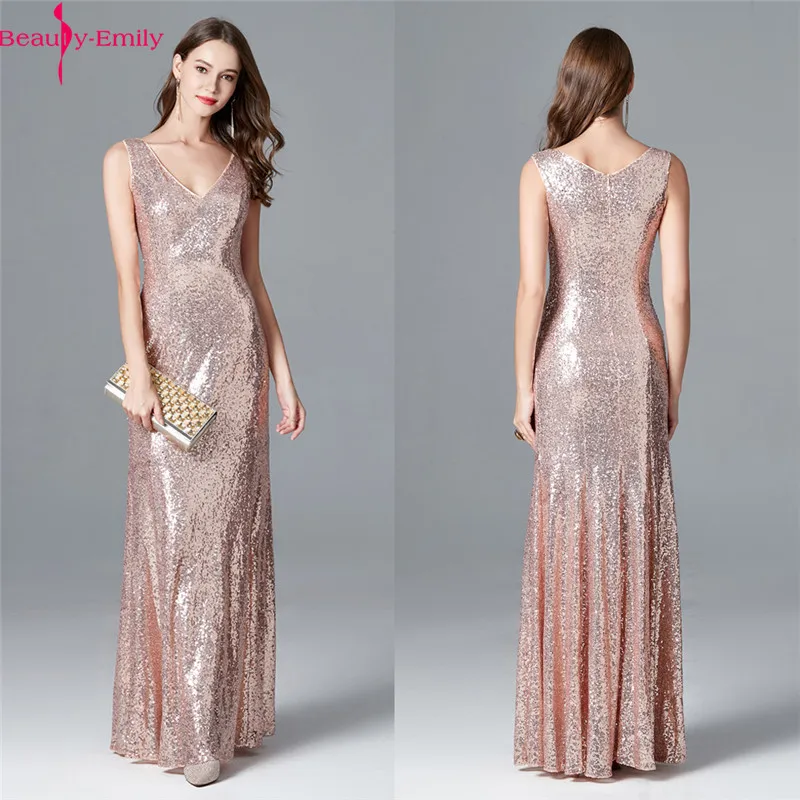

New Arrival Rose Gold Sequined Evening Dress 2020 Sexy V Neck Sleeveless Formal Dress Women Elegant Zipper Back Dress Vestidos