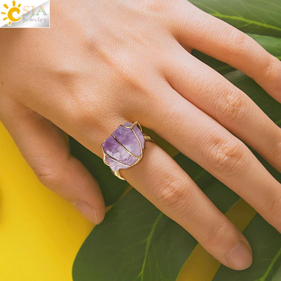 CSJA Natural Stone Crystal Rings Women Irregular Wire Wrap Healing Purple Fluorite Gold-color Resizable Finger Ring Jewelry G339 - Image 5