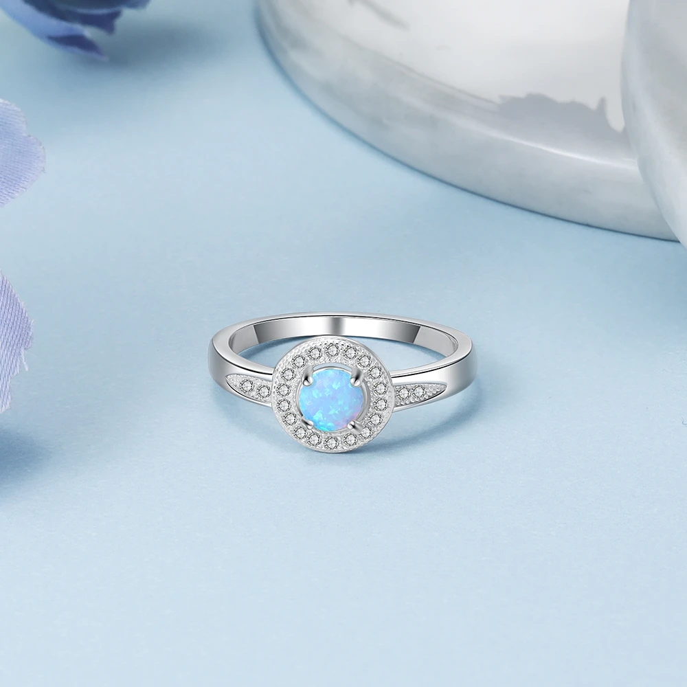 Silver Color Round Blue Opal Rings Women Zircon Wedding Jewelry Birthday Gift Girlfriend (Lam Hub Fong) silver ring silver rings