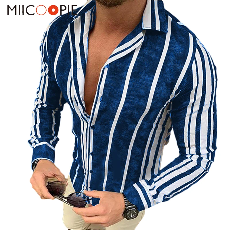 

Men's Long Sleeve Blue White Striped Shirt Dress Fashion Standard-fit Button Down Shirts Blouse Men Hip-hop Streetwear Camisas