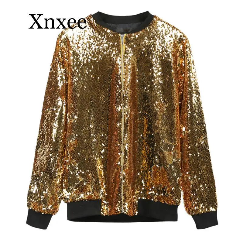 Baseball uniform Women Sequins Coat Bomber Jacket Long Sleeve Zipper Streetwear Casual Loose Glitter Outerwear  Autumn Coat
