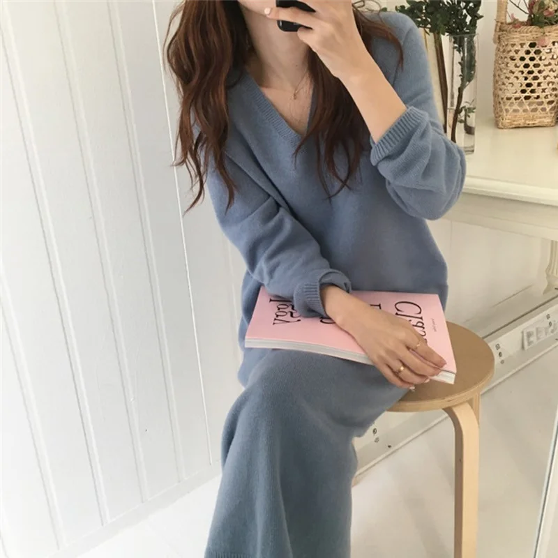 

ICHOIX New 2020 Autumn Spring Women Dresses Knitted Straight Fashion Prairie Chic Elegant Casual Solid Midi Female Casual Dress