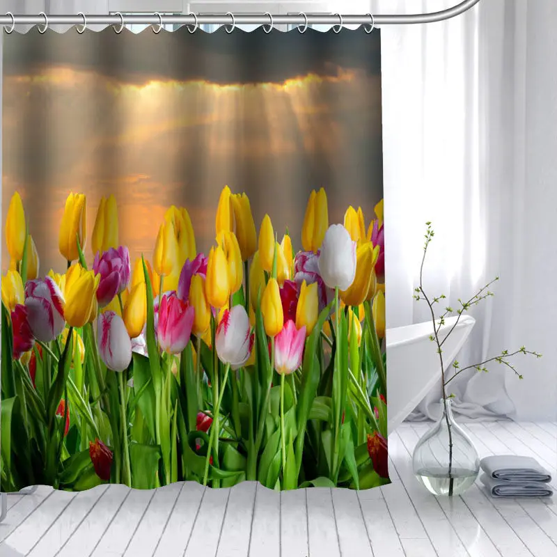 New Arrival Tulips Flower Shower Curtain Polyester Fabric High Defintion Print Bathroom Curtain Waterproof 12 Hook Bath Curtain - Color: 19